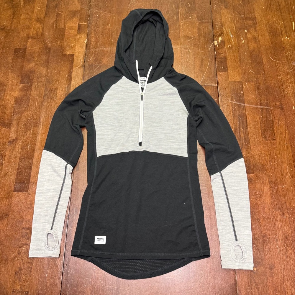 Mons Royale Merino Wool Air-Con Hoodie XS Black Grey 1/2 Zip Pullover